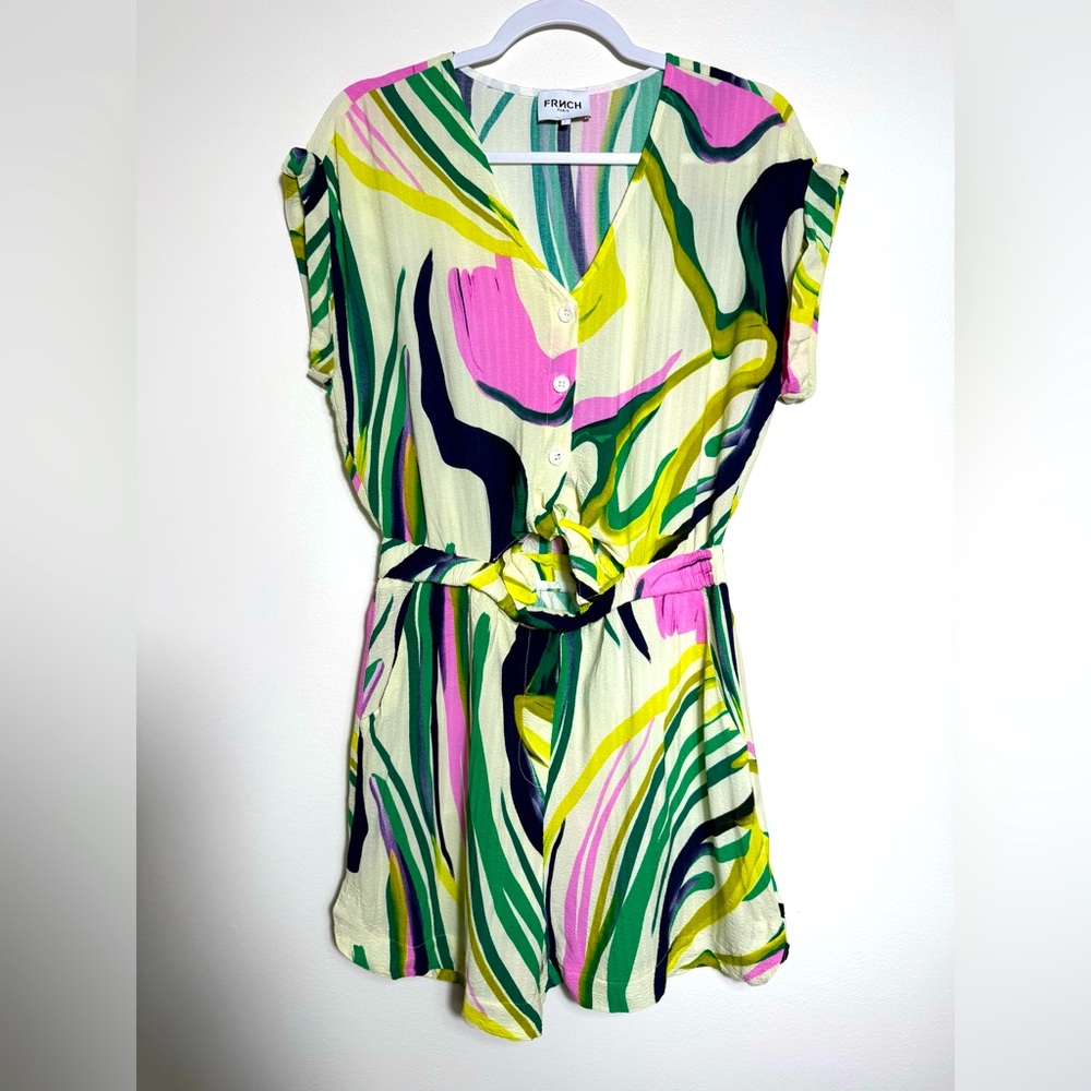FRNCH Paris MENORCA Romper 100% Viscose Colorful Tropical Button Tie Front Large